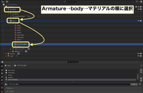 Amature_body_画像を割り当てたいマテリアルを選んでシェーダーエディターへ